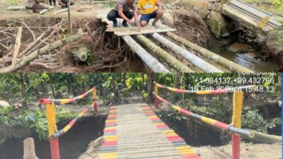 Brimob Polda Sumut Bangun Jembatan Darurat di Pelosok Tapsel